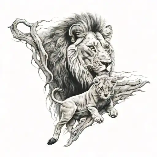 Lion Protecting His Cub