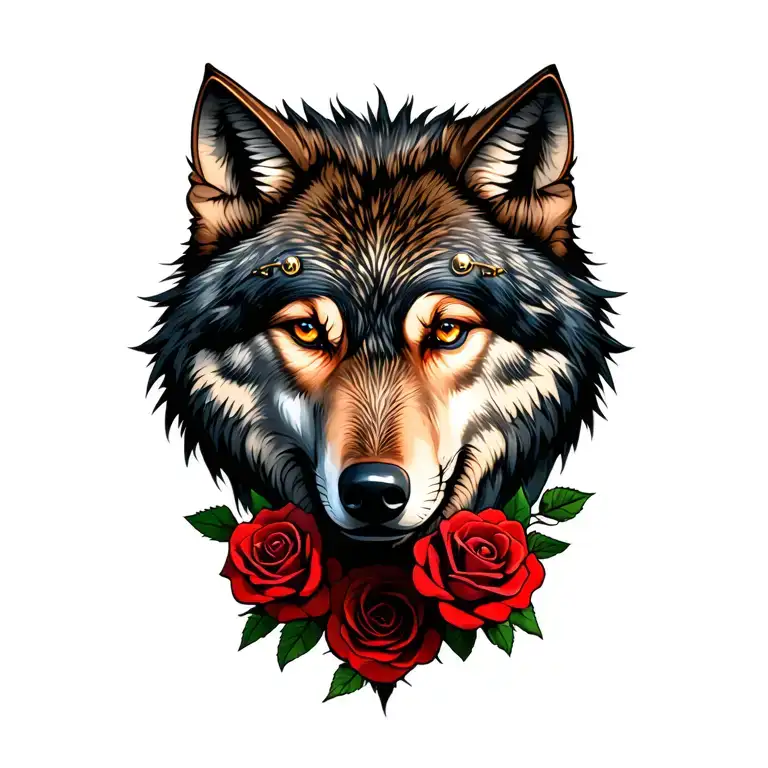 Steampunk Wolf Head With Roses