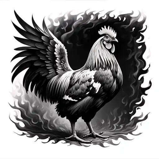 Rooster Black White Burning Wings