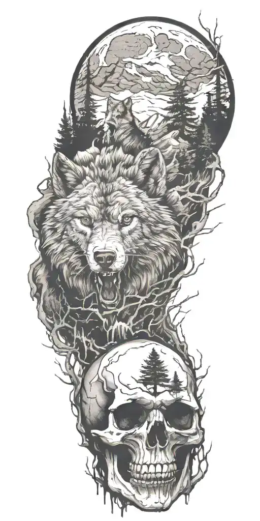 Wolf And Forest And Mountains And Skull