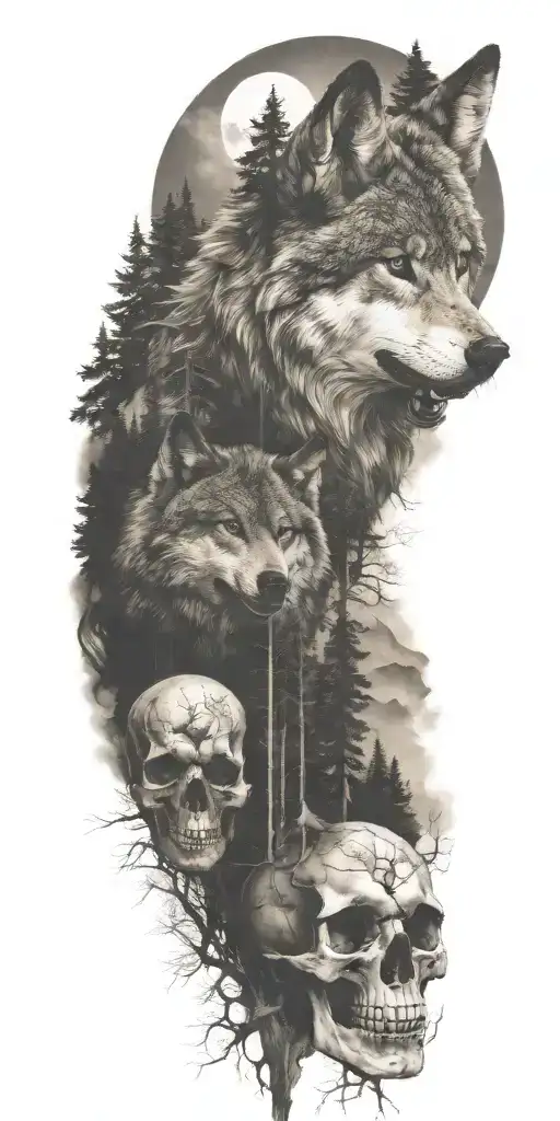 Wolf And Forest And Mountains And Skull