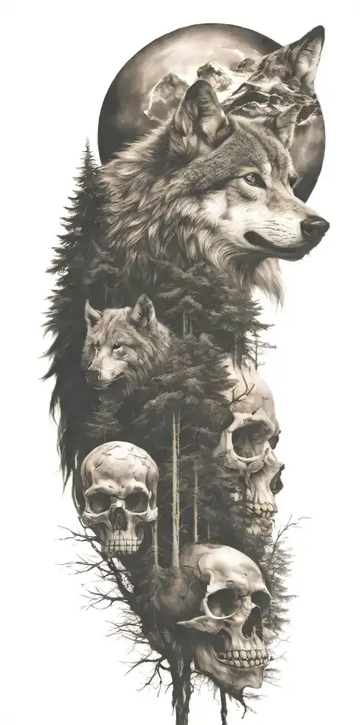 Wolf And Forest And Mountains And Skull
