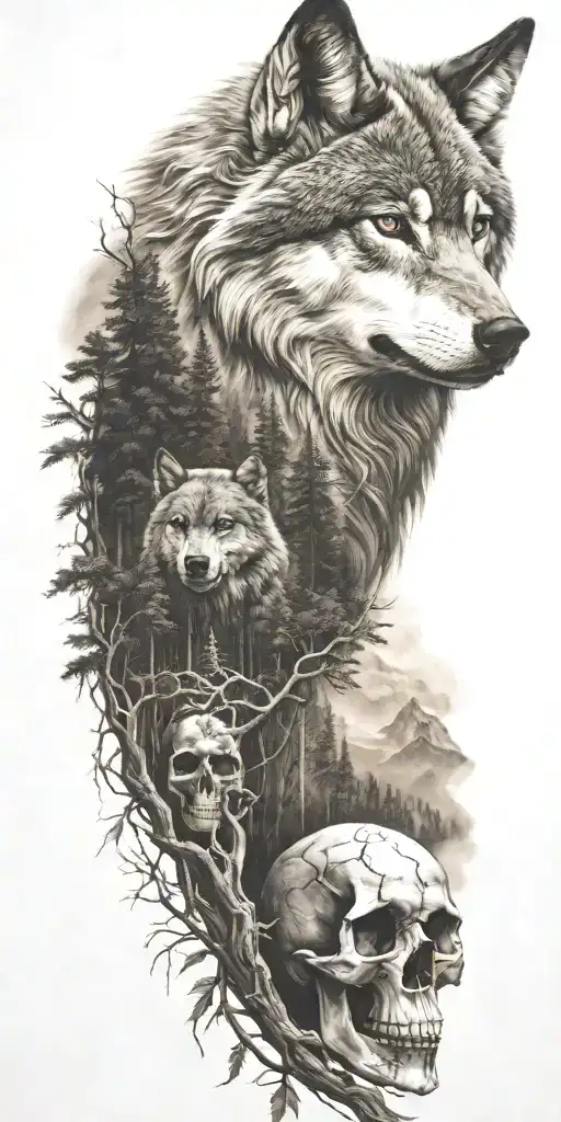 Wolf And Forest And Mountains And Skull