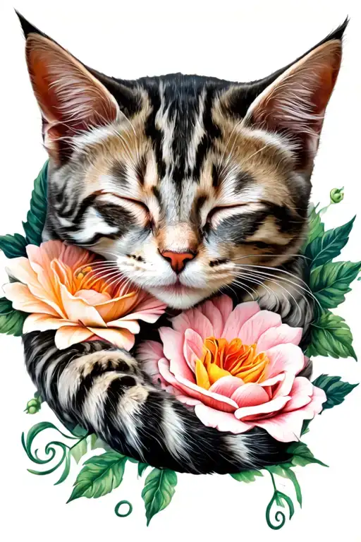 Flowers With Sleeping Cat Curled