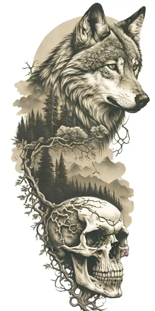 Wolf And Forest And Mountains And Skull