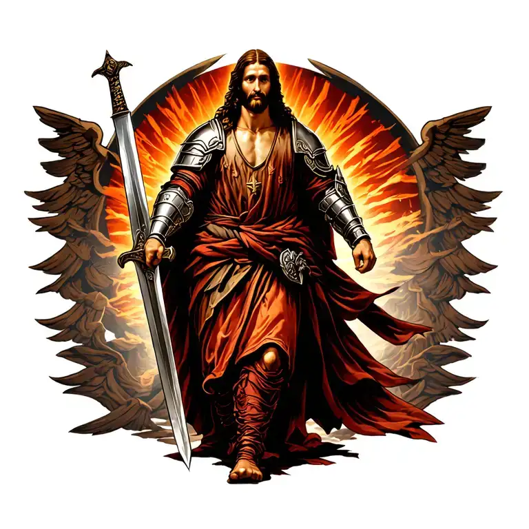 Jesus Walking With Full Armor On Holding A Sword Wrapped