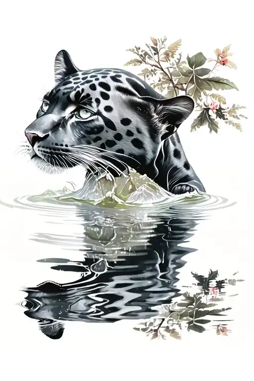 Baby Black Panther Looking At Itself In The Reflection Of The Water Seeing Adult Black Panther