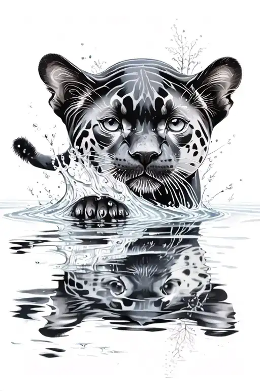 Baby Black Panther Looking At Itself In The Reflection Of The Water Seeing Adult Black Panther