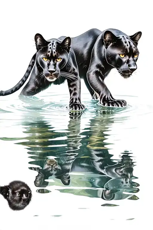 Baby Black Panther Looking At Itself In The Reflection Of The Water Seeing Adult Black Panther