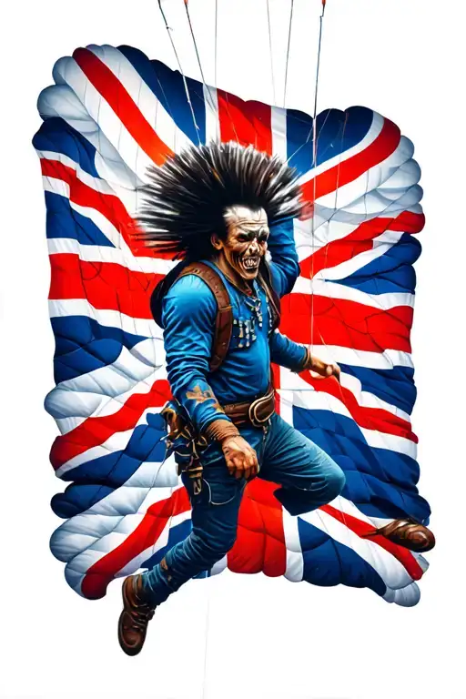 Iron Maiden Eddie With Mohican Haircut Falling With Parachute Printet With British Flag