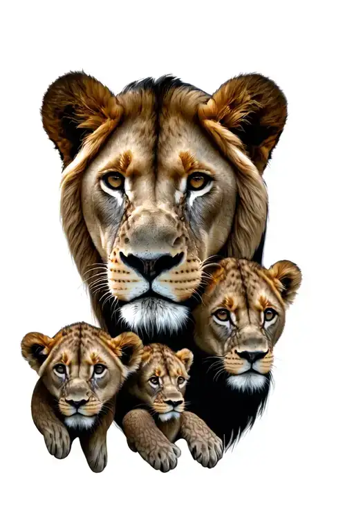 Lion With Two Cubs Face Only