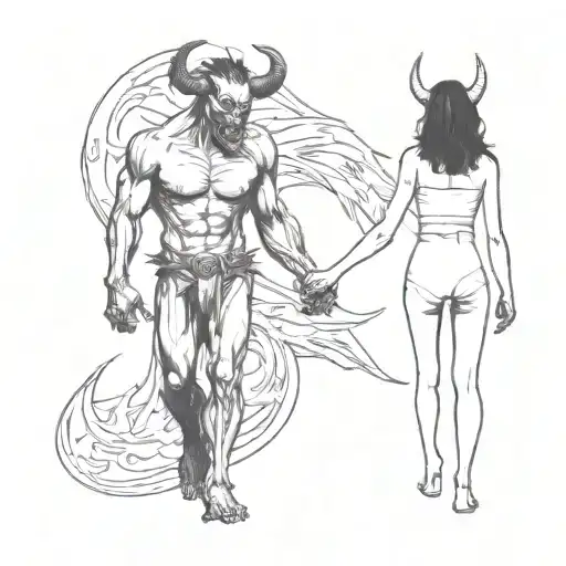 A Drawing Of A Girl And A Demon Walking Holding Hands
