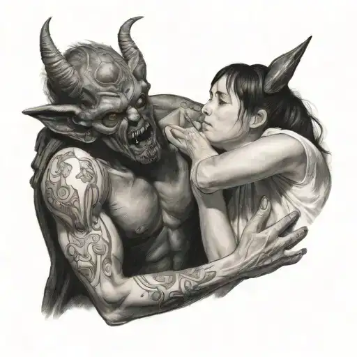 A Drawing Of A Girl Comforting A Demon