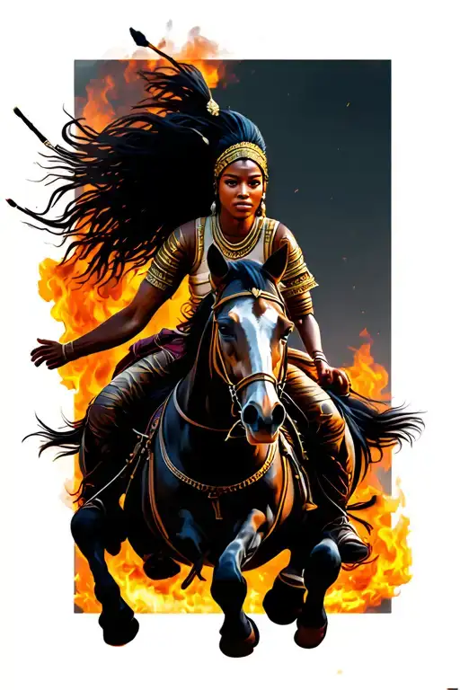 African Female Warrior On A Horse Jumping Through Fire