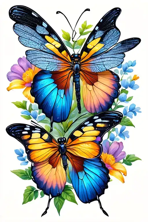 Piones With Butterflies Dragonfly