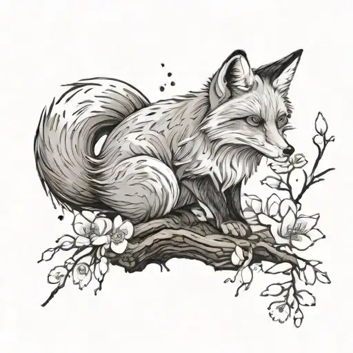 A Fox With Multiple Tails Sitting On A Log With Falling Sakura Leaves