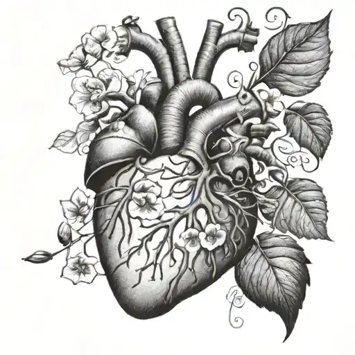 Anatomical Heart With Morning Glory Flower Out Of Valves And Vines Stitching The Heart Together