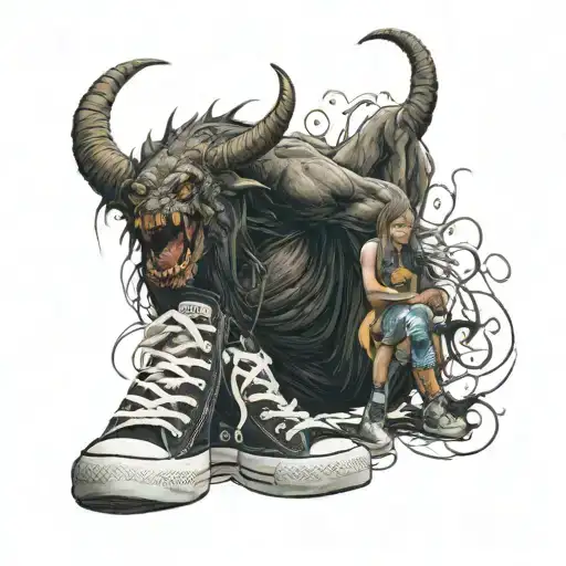 A Girl In Converse Sneakers Comfortin A Large Demon Beast