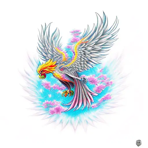 A Powerful Phoenix Rising From A Cherry Blossom Tree With Vibrant Colors