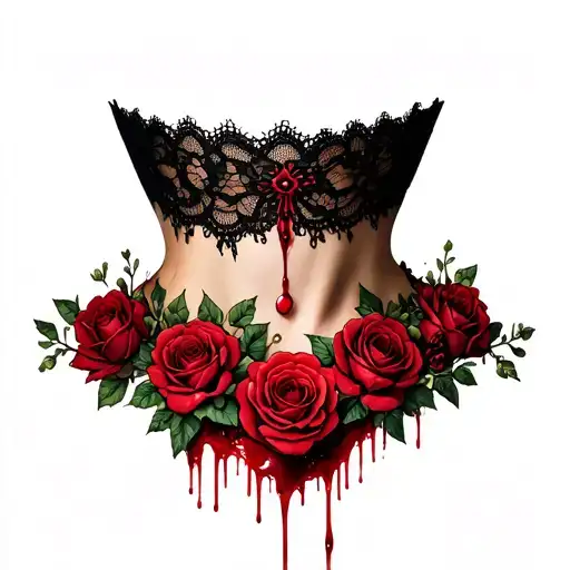 Woman's Lace Choker Dripping Blood And Adorned With Roses And Flowers