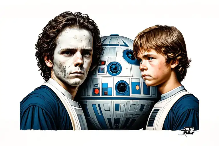 Gustave From Expedition 33 And Anakin Skywalker With A Painting Of The Death Star In Between Them