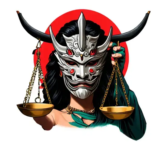 Lady Justice Wearing Japanese Oni Mask And Her One Of Her Hand Holding Up A Scale