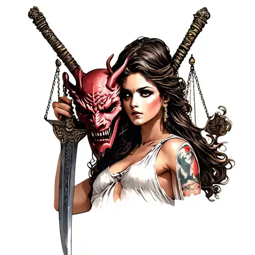 Lady Of Justice Holding A Demon Mask And A Katana Sword
