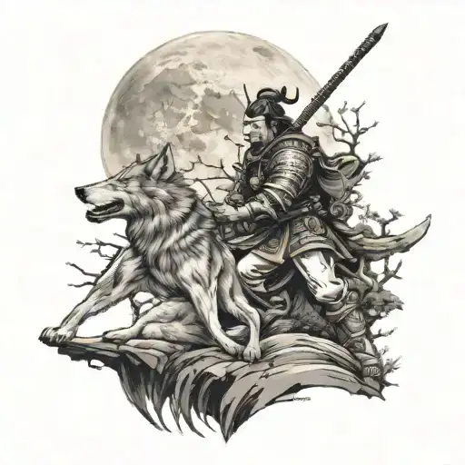 Samurai With Wolf Howling At The Moon