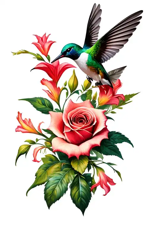Rose And Gladiolus With Hummingbird Hovering