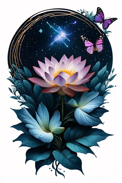 Lotus Flower With Taurus Constellation And Butterflies