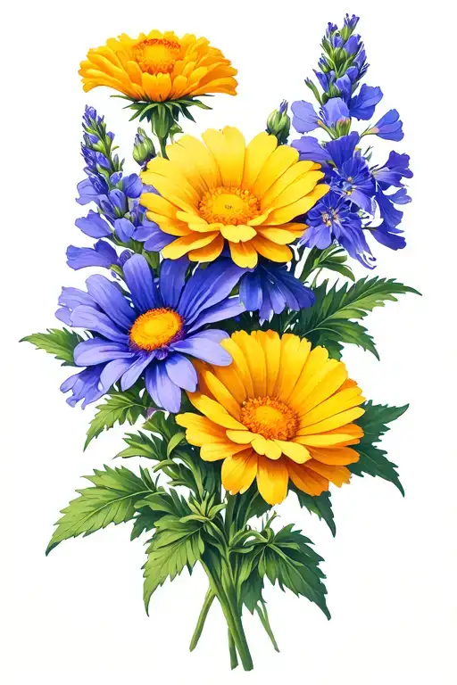 Gemini Marigold Larkspur Daisy Flowers Intertwined