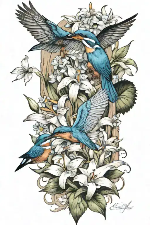 Kingfisher Flying And Wood Pigeon Flying With Cala Lilies And Forget Me Not Flowers