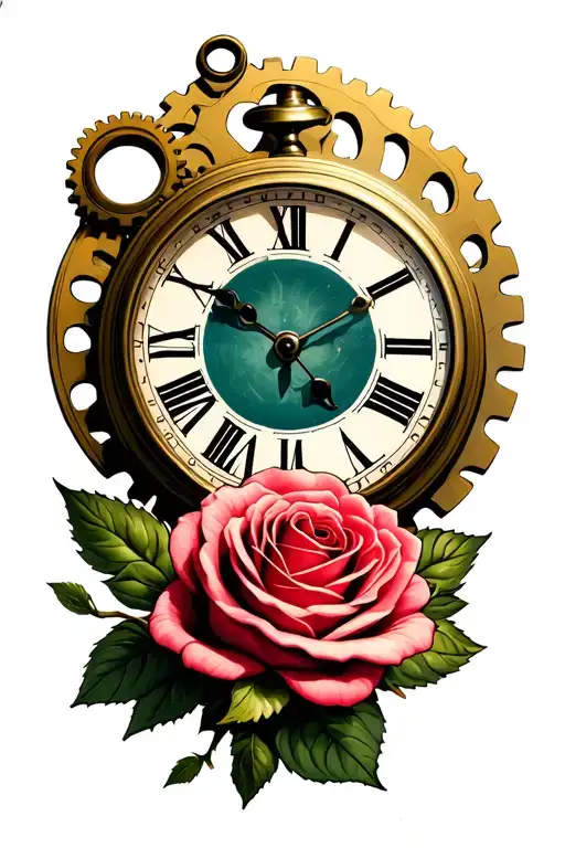 Clock And One Rose Under Clock Gears