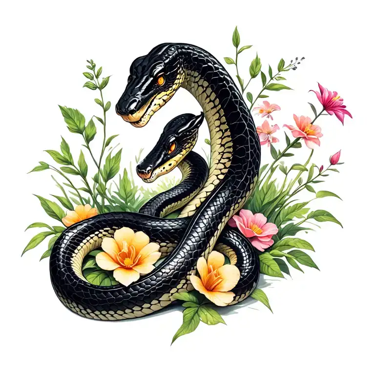 Snake Coiled Black With Some Plants And Flowers Growing