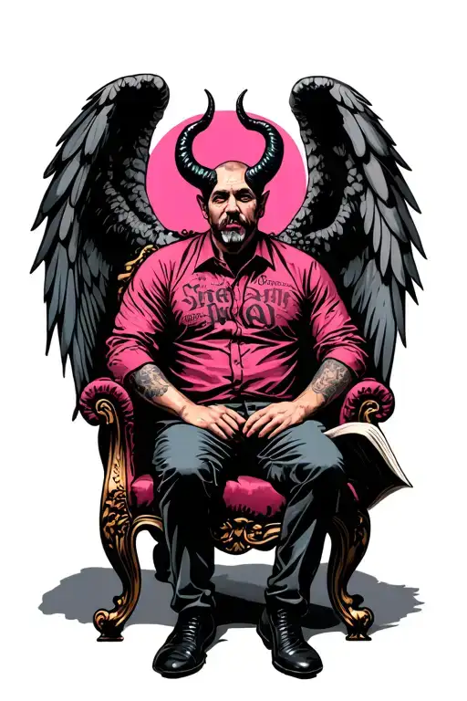 Man Sitting On The Chair Of The Newspaper With Black Pink And Evil Horns And The Angel's Solvent