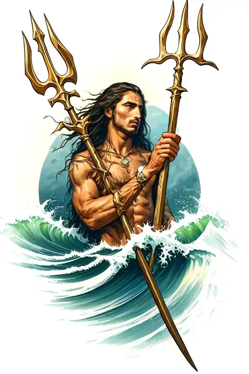 Posiden Holding Trident Surrounded By Waves Crashing