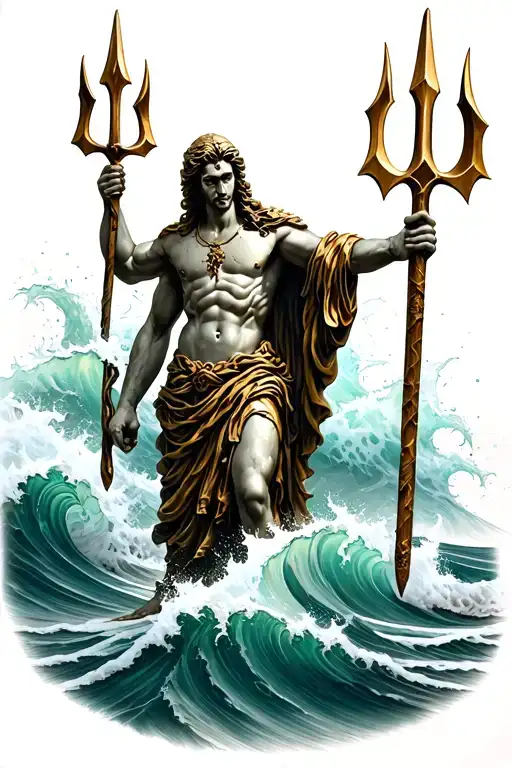 Posiden Holding A Trident Surrounded By Waves Crashing Statue