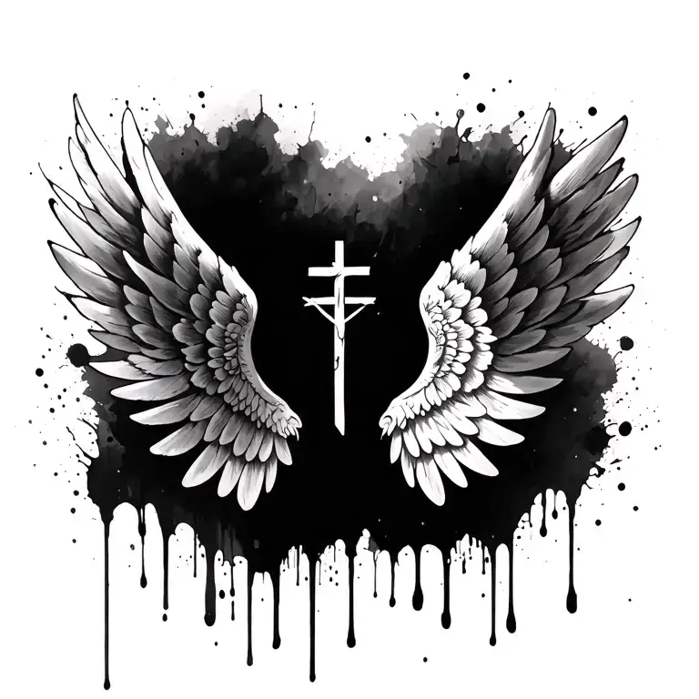 Black And White Wings And Cross Without Jesus With Splash Of Oil Paint