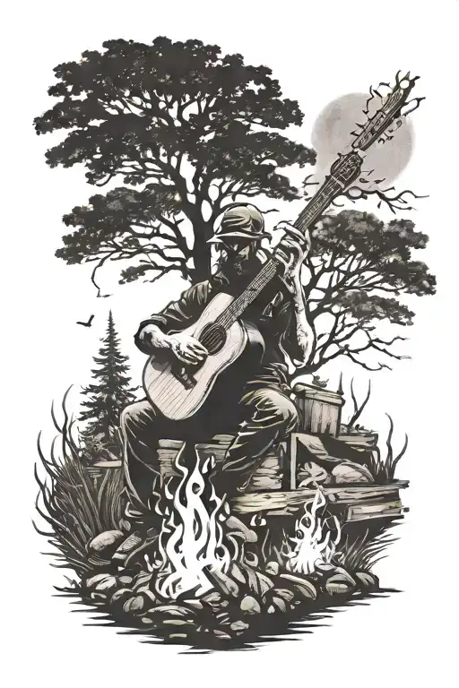 A Bonfire Scene With A Silhouette Of A Person Playing An Acoustic Guitar By The Fire