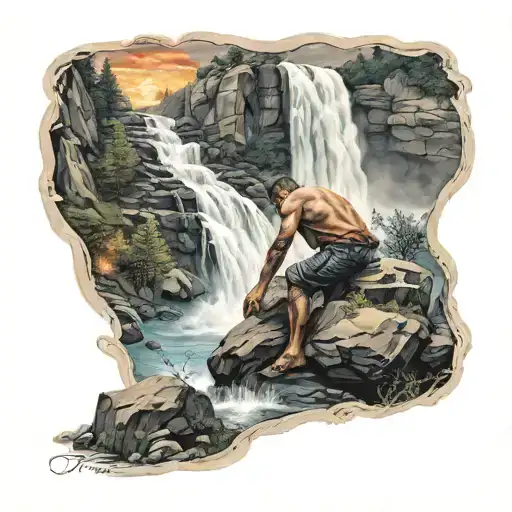 A Man Around A Fire Near A Waterfall Flowing