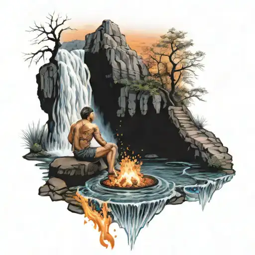A Man Around A Fire Near A Waterfall Flowing