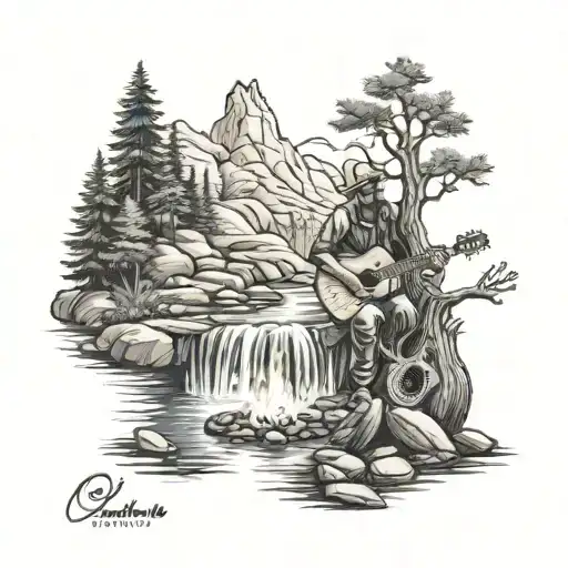 A Man Playing The Guitar Around A Campfire Near A Flowing Waterfall