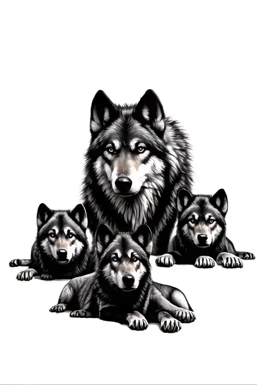 She-wolf With Their 3 Cub Laying