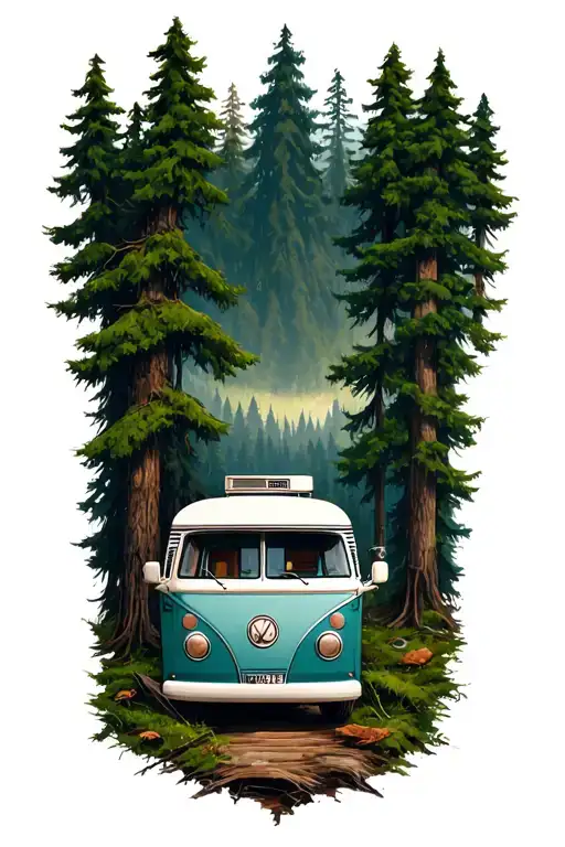 Forest With Little Camper Van Surrounded
