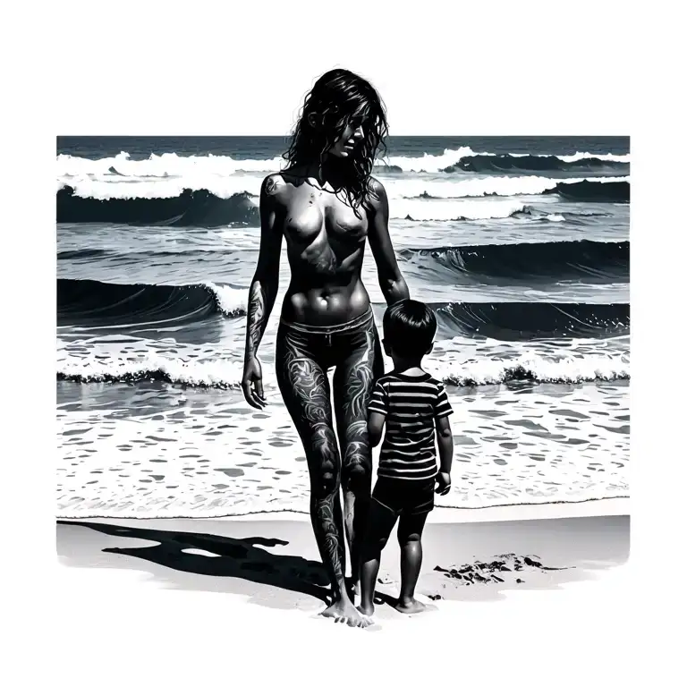 A Woman And Her Child Standing Far Away On Beach