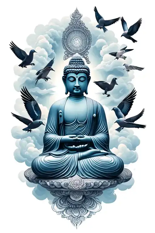 Clouds Surrounding With Pigeons With Buddha Inner Peace
