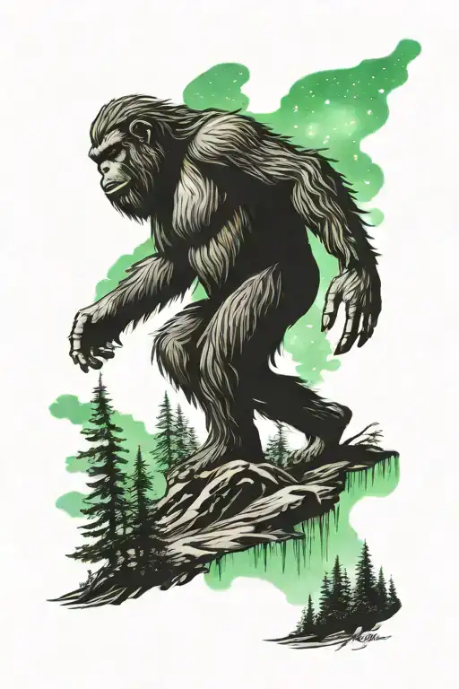 Sasquatch In Redwood Forest With Aurora Borealis Sky