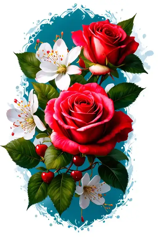 Red Roses And Cherry Blossoms
