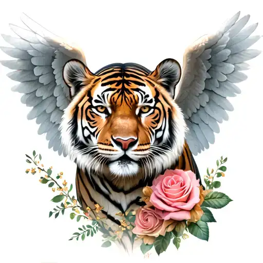 Tiger With Angel Wings And Roses Growing