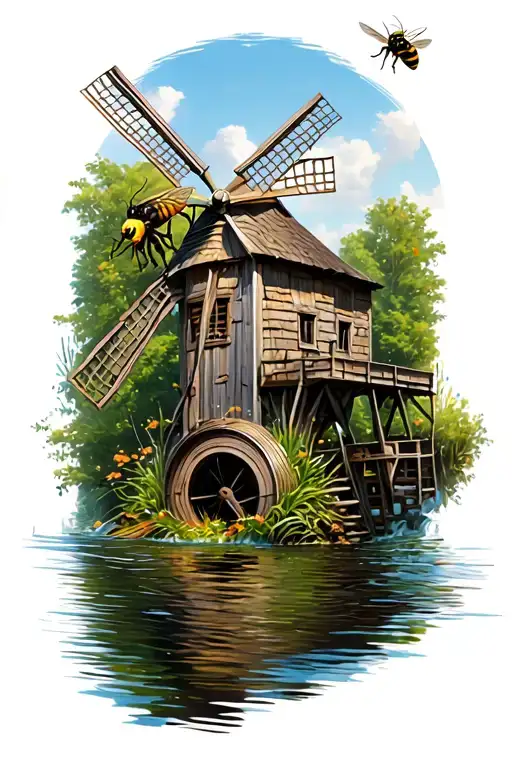 Bee Flying Around A Watermill